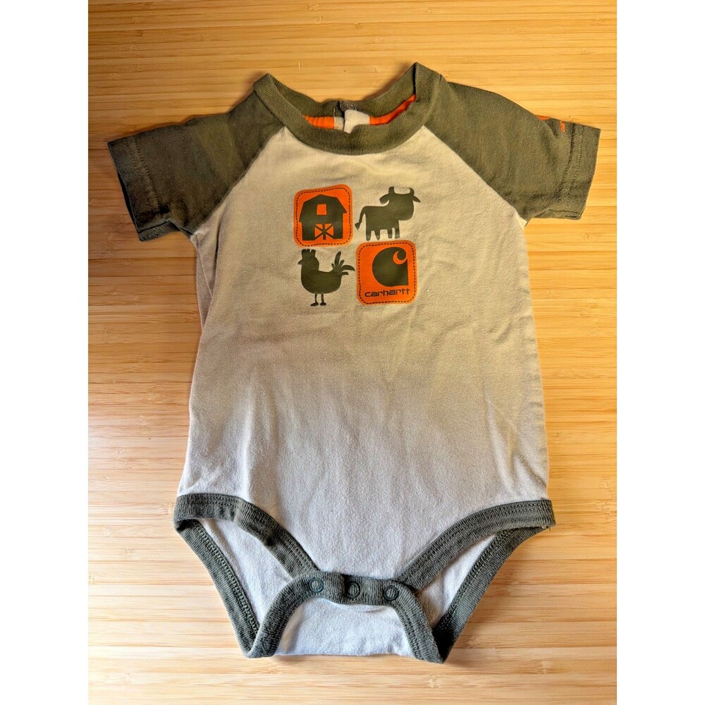 Carhartt Baby Bodysuit 9M Gray Green Farm Barn Cow Chicken Cotton